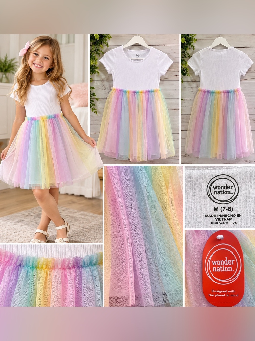 Wonder Nation Girls' White Dress with Rainbow Tulle Skirt